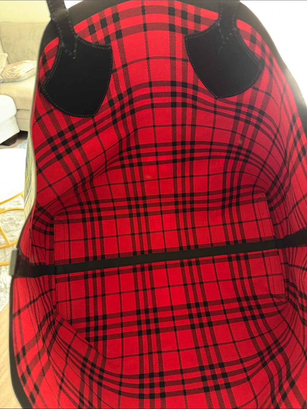 Burberry Navy, Green, Cream Plaid Tote with Black Leather Trim - Picture 5 of 7